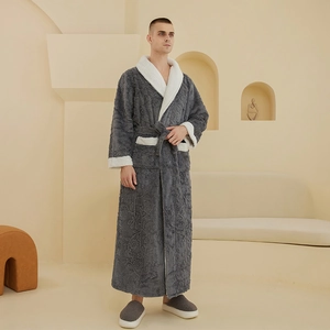 Men's thick double-layer fleece bathrobe in dark grey with white faux shearling trim