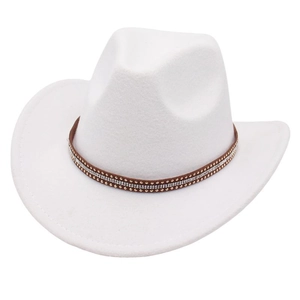 Western Cowboy Hat Wide Brim Fedora Wool Felt Retro Jazz Cap Rhinestone Studded Leather Band Outdoor Sun Protection Vintage
