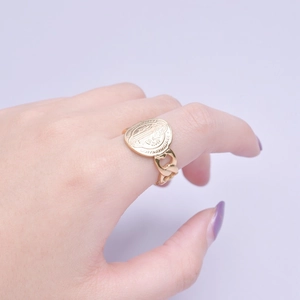 Adjustable golden stainless steel ring featuring a religious oval medal and Cuban chain band