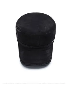 Close-up of washed black cotton flat top army cap with side metal buckle detail