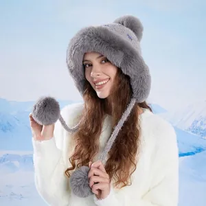 Cappello da aviatore in peluche grigio da donna con pompon per calore e protezione