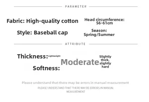 Size guide and material specs for the washed cotton baseball cap with 56-61cm circumference