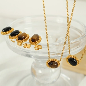 Vintage French Style Stainless Steel Jewelry Set For Women Oval Tiger Eye Stone Black Glass Pendant Necklace Earrings Gold