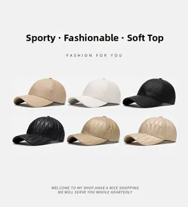 Detail of soft-top PU leather baseball caps in quilted and pleated textures with multi-colors