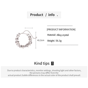 Detailed chart showing alloy crystal necklace specifications including 41.2cm size and 56.3g weight