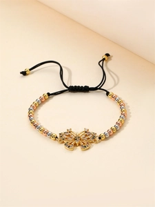 Handmade woven bracelet with zircon butterfly charm and tri-color beads on adjustable cord