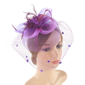 Close-up of purple fascinator hat with feathers and mesh veil for weddings