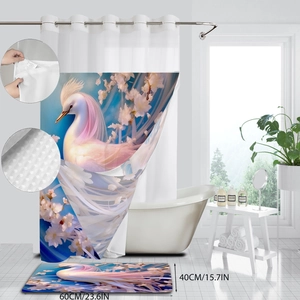 Detail of waterproof swan print shower curtain and matching 60x40cm bath mat set