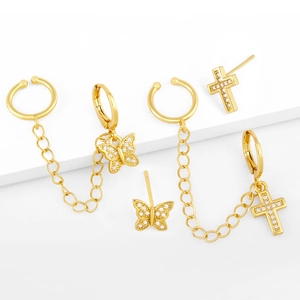 Asymmetrische Ohrmanschette Und Ohrstecker Kupfer Zirkonia Eingelegt Schmetterling Kreuz Mond Schlange Planet Anhänger Boho