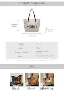 Detailed size specifications and color options for the canvas tote bag with letter prints