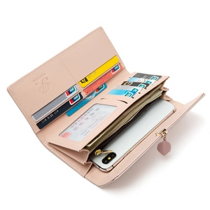 Pink multi-functional long wallet with card slots and smartphone compartment for women