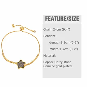 Detailed view of adjustable star bracelet dimensions with gold plating and druzy stone