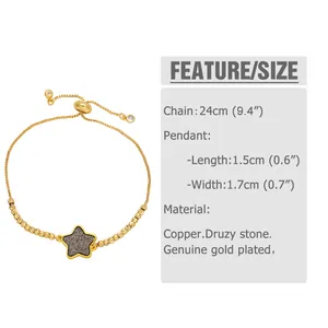 Detailed view of adjustable star bracelet dimensions with gold plating and druzy stone