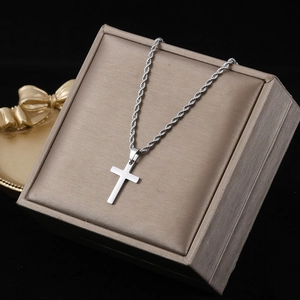 Minimalist silver stainless steel cross pendant necklace with twist chain in beige gift box