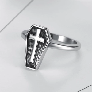 Gothic Coffin Cross Ring 316L Stainless Steel Punk Dark Retro Style Polished Jewelry For Men And Women