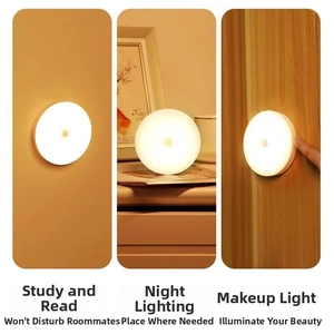 Macro detail of round LED night light with warm yellow glow and white minimalist case
