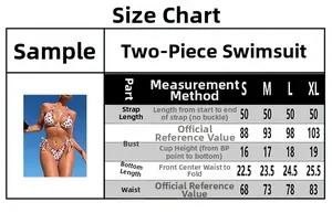 Detaillierte Größentabelle für zweiteiliges Bikini-Set von S bis XL mit Messangaben