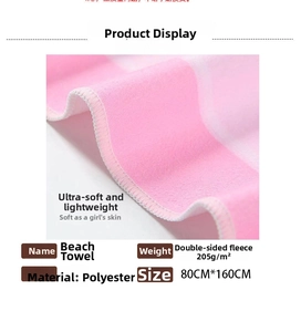 Detail of pink and white striped beach towel showing microfiber texture and size specs