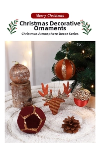 Detail of Christmas hanging ornaments with flocking texture and glitter on white fur