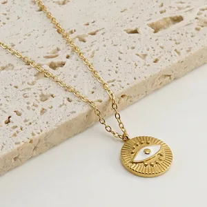 Evil Eye Pendant Necklace Stainless Steel Enamel 18K Gold Plated Round Sunburst Minimalist Ins Style Jewelry For Women
