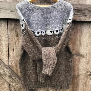 Dames Gebreide Trui Met Ronde Hals Lange Mouwen Geometrisch Patroon Fair Isle Color Block Retro Casual
