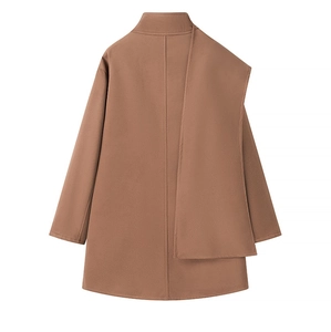 Detail view of the caramel brown wool jacket back featuring a unique asymmetrical shawl overlay