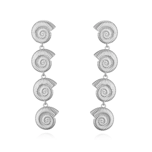 Detail of silver long drop earrings featuring four interconnected spiral seashell charms