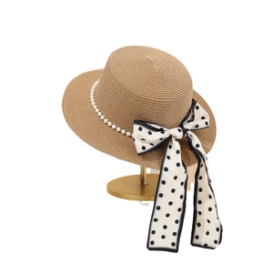 French style khaki straw flat top hat with pearls and black polka dot ribbon bow