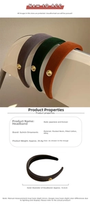 Detail view of thickened velvet headband with metal logo, 14.5cm diameter and material specs
