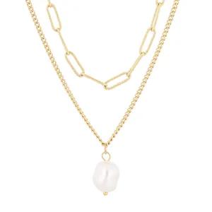 Double Layer Stainless Steel Necklace With Baroque Shell Artificial Pearl Pendant Paperclip Chain Fashion Jewelry For Women