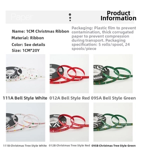 Close-up of 1cm satin Christmas ribbons with tree and bell prints in red, green and white