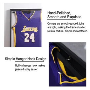 Large black display frame for basketball jerseys with wooden texture and hanger system