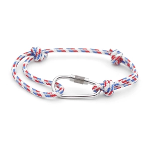 Detail of red white and blue braided RPET rope bracelet with silver carabiner clasp
