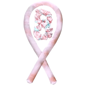 Pink and blue tie-dye heatless hair curler set with satin scrunchies on white background
