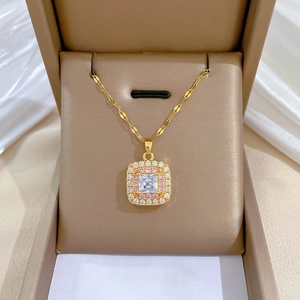 Square Pendant Necklace Stainless Steel Chain With Copper Cubic Zirconia Double Halo Jewelry For Women Elegant Banquet