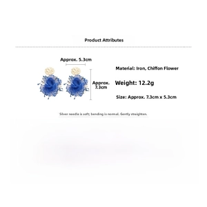 Detailed view of blue chiffon flower earrings with golden hammered metal studs and dimensions