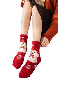 Red Christmas coral fleece socks featuring teddy bear and snowflake patterns
