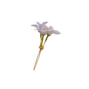 Elegant purple fabric flower hair pin with green leaves and a golden U-shaped metal fork