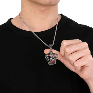 Retro punk hollow crown pendant in silver titanium steel with red crystal inlay necklace