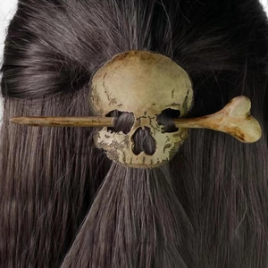 Gothic skull and bone hair pin stick for Halloween hairstyles in bronze finish