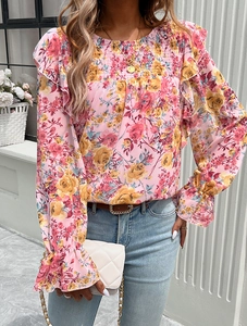 Detail of floral chiffon long sleeve blouse with smocked bust and ruffled cuffs