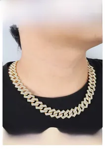 Close-up of 15mm gold-plated rhombus Cuban link necklace with sparkling AAA rhinestones