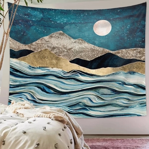 Detail of artistic tapestry with golden mountains and starry night in a modern bedroom