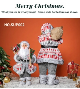 Detailed view of two Santa Claus dolls in knitted outfits with grey faux fur trim