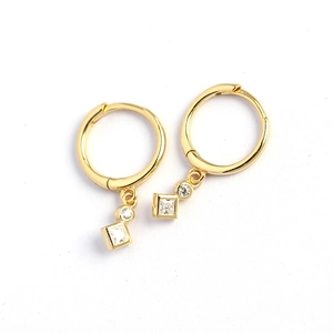 S925 silver hoop earrings in gold with square zircon charms on white background
