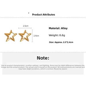 Detailed view of hollow star hoop earrings in gold alloy with precise dimensions shown
