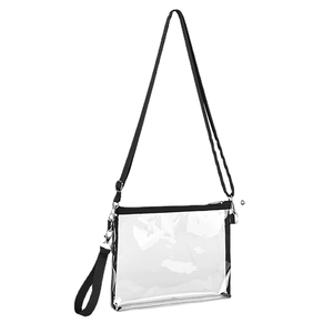Clear PVC crossbody stadium bag with black trim and adjustable strap for sports events