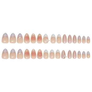 Almond-shaped blush press-on nails with 3D butterfly, pearl accents, and French tips