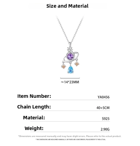 Detail of S925 silver necklace with purple zircon planet and blue teardrop pendant