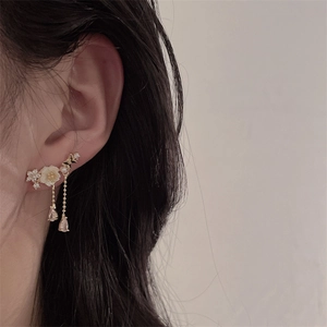 Elegant vintage gold drop earrings with pink zircon, white petals and small pearls